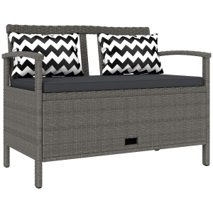 Outsunny Banco exterior de jardim 2 lugares banco de arrumação 160L em rotim PE com almofada 2 almofadas 112 x 62 x 82 cm cinza