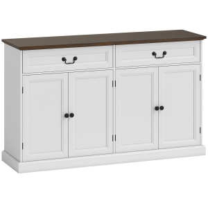 HOMCOM Aparador de sala, móvel de arrumação com 4 portas, 2 gavetas silenciosas, prateleiras reguláveis, 140x40x85cm, branco e castanho