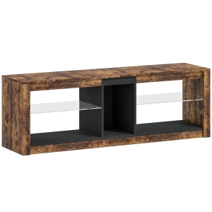HOMCOM Móvel para TV com luzes LED e comando remoto, prateleiras e compartimentos abertos, 140x35x47cm, castanho