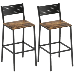 HOMCOM Conjunto de 2 bancos de bar, cadeiras de bar, assento 72,5H cm, encosto e apoio para os pés, pés em metal, castanho rústico
