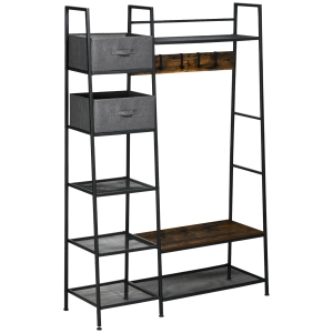 HOMCOM Cabideiro móvel de arrumação para entrada, 6 prateleiras 4 ganchos 2 gavetas de tecido, 125 x 43 x 185,5 cm, em aço e madeira