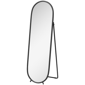 HOMCOM Grande espelho de pé, espelho oval, moldura em metal preto, com suporte para entrada, quarto, closet, 40 x 160 cm