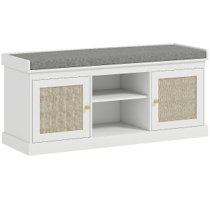 HOMCOM Banco Zapatero con Puertas Frentes de Ratán Estantes Ajustables y Abiertos para Entrada Dormitorio 105x35x47 cm Blanco