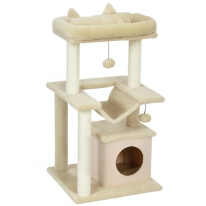 PawHut Cat Tree, 90cm Cat Tower with Sisal Scratching Posts, Cat Condo, Hammock, Top Perch and 2 Hanging Toys for Cats, Beige