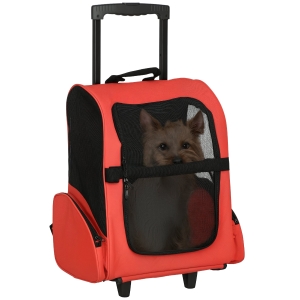 PawHut Sac de transport à roulettes pour chien 2 en 1 trolley chariot sac à dos pour chien chat avec poignée téléscopique, sacs de rangement, aérations, attache de sécurité, 42 x 25 x 55 cm, rouge