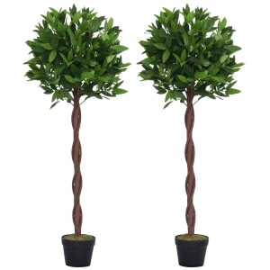 Outsunny Artificial Bay Laurel Topiary Trees with Twisted Trunk, Realistic Lush Topiary Ball Tree with Weighted Pot, 120cm Indoor Greenery Plant for Home Office Garden Decor, Set of 2, Green