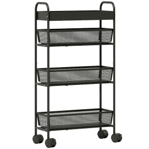 HOMCOM Carrinho de arrumação 4 níveis, carrinho com rodas, 3 cestos deslizantes, cesto superior 19 x 43,2 x 80 cm preto
