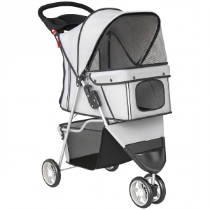PawHut Hondenwagen Opvouwbaar Hondenbuggy met Opbergmand, Kussen, Gaasvensters, Bekerhouder voor Kleine Honden tot 10kg, Grijs