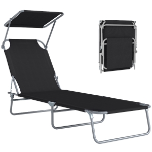 Outsunny Lettino Prendisole da Giardino Pieghevole e Regolabile con Tettuccio in Tessuto Nero, 187x58x50 cm