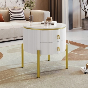 Modern Side Table with Marble-Effect Top and 2 Drawers, Durable Coffee Table with Adjustable Legs, 50L x 50W x 51H cm, White
