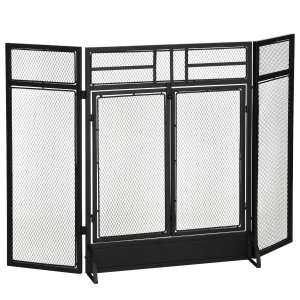 HOMCOM Salvachispas Plegable Pantalla Protectora de Chimenea de 3 Paneles con Doble Puerta y Pies 120x11,5x79 cm Negro