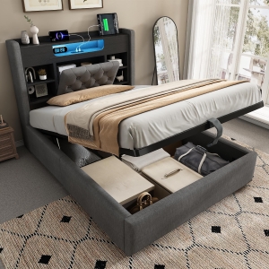 Upholstered Linen Bed Frame with Ambient LED Lighting, 4ft6 Double Bed with Hydraulic Under-Bed Storage, 213L x 143W x 115H cm, Grey