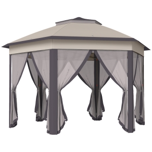 Outsunny Carpa Plegable 4x3,4 m con Doble Techo 6 Mosquiteras Extraíbles y Bolsa de Transporte Anti-UV Marrón y Beige