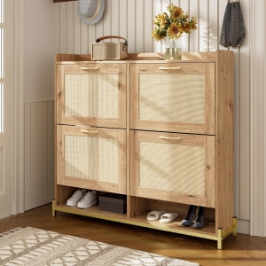 Modern Shoe Cabinet with Space-Saving 4-Door Design, Sturdy Storage Cabinet with Metal Frame and Top Shelf, 108.5L x 24W x 100H cm, Natural