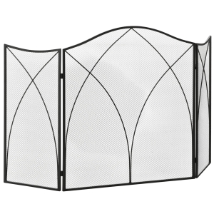 HOMCOM Salvachispas Plegable Pantalla Protectora de Chimenea 3 Paneles con Bisagras y Estructura de Metal Decorativa 108x24x76 cm Negro