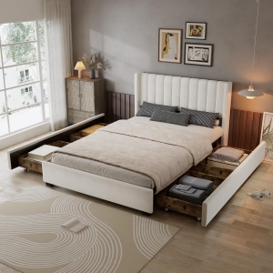 Upholstered Double Bed with Soft Padded Headboard, Practical Storage Bed with Smooth Castors, 200L x 142W x 118.5H cm, Beige