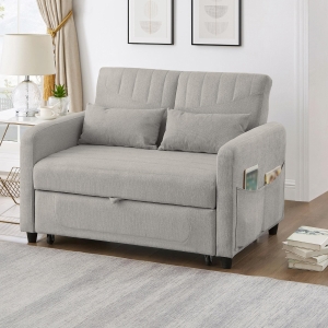 Two-Seater Pull-Out Sofa Bed with Three-Level Adjustable Backrest, Stylish Futon Couches with High-Density Foam, 112L x 169W x 59H cm, Light Gray
