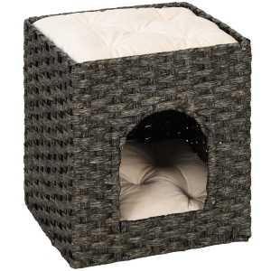 PawHut 2-Tier Wicker Cat House, Handwoven Rattan Cat Bed with Washable Cushions, Indoor Kitten Condo Hideaway