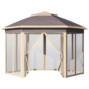 Outsunny Tenda Dobrável 4,05x3,4x2,85 m Tenda de Jardim Hexagonal com 6 Mosquiteiras Amovíveis e Altura Ajustável Bege