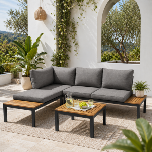 Space-Saving L-Shaped Corner Sofa with Wooden Table, Iron Frame, Outdoor Garden Lounge Set for 4 People, 145L x 60W x 80H cm, Grey