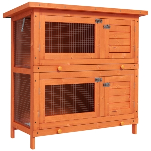 PawHut Conejera de Madera Exterior de 2 Niveles Jaula para 1-2 Conejos Mascotas Pequeñas con Techo Asfáltico Abrible y 2 Bandejas Extraíbles 90x45x90 cm Madera Natural