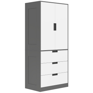 HOMCOM Modern Clothes Storage Cupboard Unit, 3 Drawer 2 Door Wardrobe with Hanging Rod, Grey