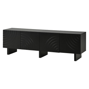 Modernes TV-Lowboard, strukturierter Türfront und viel Stauraum, passend für bis zu 75-Zoll-Fernseher, 180x40x55 cm, Schwarz