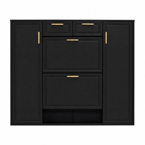 Moderner Schuhschrank mit verstellbaren Einlegeböden, goldfarbenen Griffen, 2 Schubladen, 120x24x107 cm, Schwarz