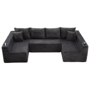 U-förmiges Cord-Sofa, integrierter Getränkehalter und Seitentasche, Federkernpolsterung, 320x155x88 cm, Dunkelgrau