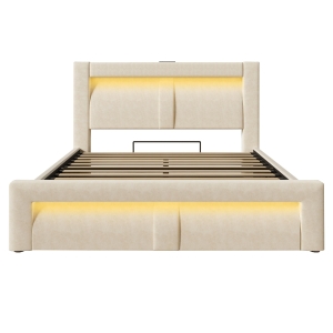 Doppelbett 140x200 cm mit hydraulischem Stauraum, Metallrahmen mit Holzlattenrost, 217x143x107 cm, Beige