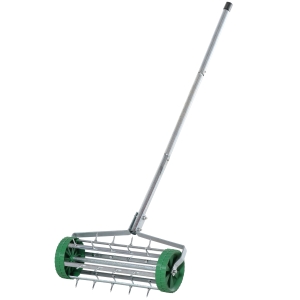 Outsunny gazonbeluchter handvat lengte verstelbaar handverticuteer gazonbeluchter spiked roller gazon rollende gazonbeluchter onderhoud tuin verzinkte buis groen + zilver 135 x 42,5 x 15 cm