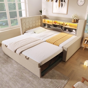 Convertible Daybed Trundle with Clever Storage and Sturdy Frame, Breathable Linen Sofa Bed with Integrated Charging, 204L x 107W x 88H cm, Beige