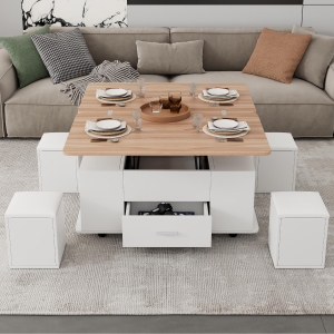 Extendable Lift Top Coffee Table with Hydraulic Lift, Space-Saving Center Table with 4 Hidden-Storage Stools, 100L x 50W x 45H cm, White+Natural