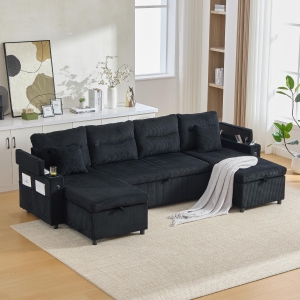 Contemporary 4-Seater Sofa with 2 Chaise Longues, Ribbed Corduroy Couch with Built-In Cup Holders, 272L x 136W x 86H cm, Black