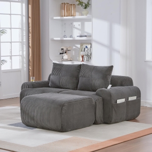 Modular 2-Seater Sofa with Foam-Filled Plush Seats, Dark Grey Corduroy Couch with Built-In Cup Holder, 200L x 174W x 80H cm, Dark Gray