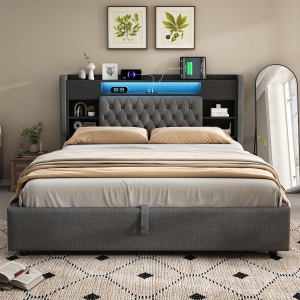 6ft Super King Upholstered Bed with Hydraulic Storage, Stylish Modern Bed Frame with Ambient LED Lighting, 223L x 188W x 115H cm, Grey