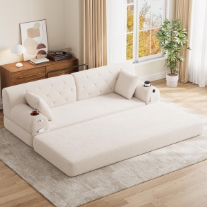 3-Seater Sleeper Sofa with Corduroy High-Back and High-Density Foam, Space-Saving Sofa Bed with 4 Side Pockets, 208L x 80W x 81H cm, Beige