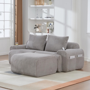 Modular 2-Seater Sofa with Foam-Filled Plush Seats, Light Grey Corduroy Couch with Built-In Cup Holder, 200L x 174W x 80H cm, Light Gray