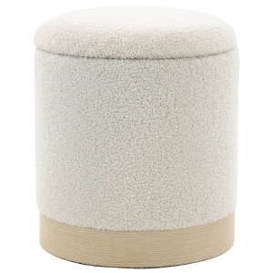 HOMCOM Puff redondo 38 cm com revestimento Sherpa, arrumação e base metálica em estilo madeira, Creme branco