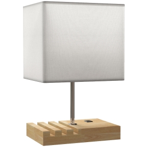 HOMCOM Lámpara de Mesa con Puertos USB-A/C Tres Ranuras para Teléfonos Base de Madera y Pantalla de Tela Blanco