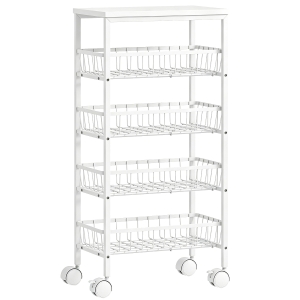HOMCOM Carrinho Auxiliar com Rodas com 4 Cestos Amovíveis Carga até 15 kg Estrutura Metálica para Sala de Jantar e Casa de Banho 40x24x82 cm Branco