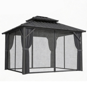 Outsunny Gazebo 3 x 3,6 m à Toit Rigide avec Toit Double en Acier Galvanisé, Structure en Aluminium, Gris Foncé