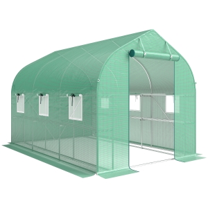 Outsunny Serre tunnel de jardin 6m², serre de jardin avec étagères, porte et 6 fenêtres, cadre en acier galvanisé, vert