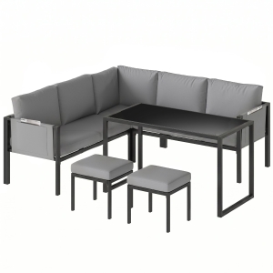 Outsunny Salon de Jardin Canapé d'Angle Extérieur 6 Pièces Coussins 10cm Table Haute et 2 Repose-pieds Gris