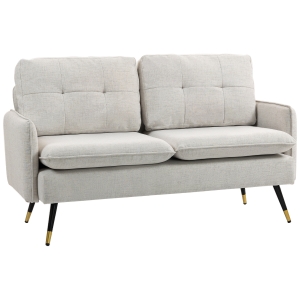 HOMCOM Divano 2 Posti in Tessuto Effetto Lino con Gambe in Acciaio e Cuscini Imbottiti, 139x68x80 cm, Bianco Crema