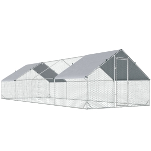 PawHut Chicken Run Galvanised Walk-in Chicken Coop Hen Poultry House Cage Rabbit Hutch with Weather-Resist Cover, 3 x 8 x 2m