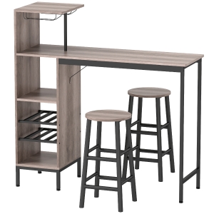 HOMCOM 3-tlg. Bartisch-Set mit Stauraum, Weinregalen, Glashaltern, Hockern mit Fußstütze, für kleine Räume, Grau