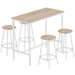 HOMCOM Conjunto de Mesa Alta 5 Peças para 4 Pessoas Mesa Alta Industrial com Bancos para Cozinha e Sala de Jantar Carvalho
