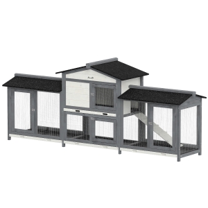 PawHut Casa para Coelhos 2 Andares Gaiola de Madeira 230x53x93,5 cm Resistente ao Inverno com Telhado Asfáltico Parque de Passeio Bandejas Removíveis
