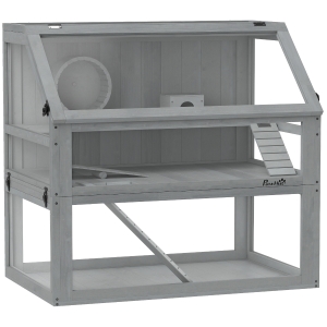 PawHut Cage Hamster Rongeur à 3 Niveaux, Base Amovible Profonde, Cabane, Balançoire, 80x50x76cm Gris Clair